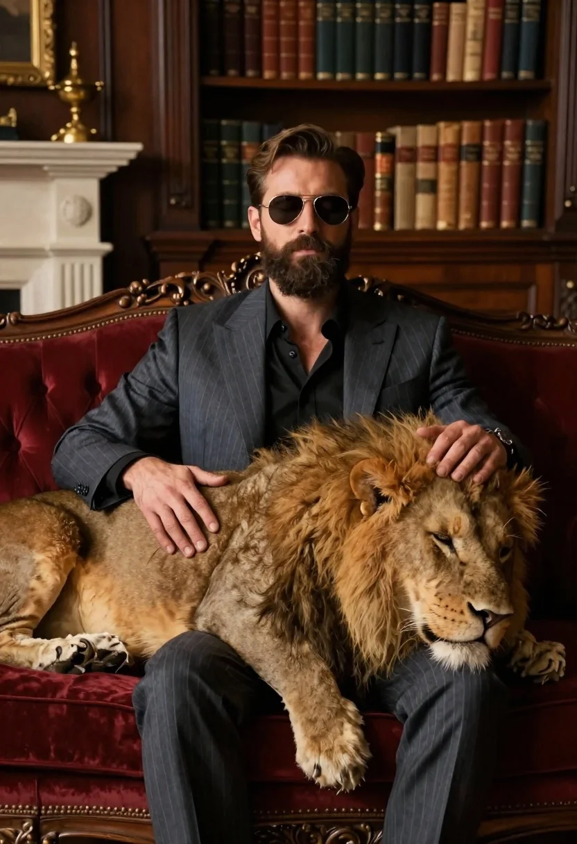 Man in suit resting with lion on red velvet couch