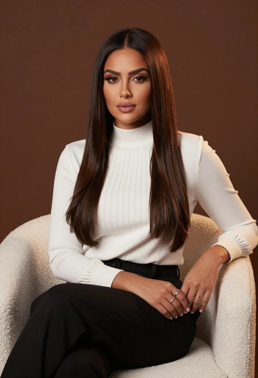 Poised woman with dark hair sitting in white armchair against brown backdrop - AI generated image prompt sample