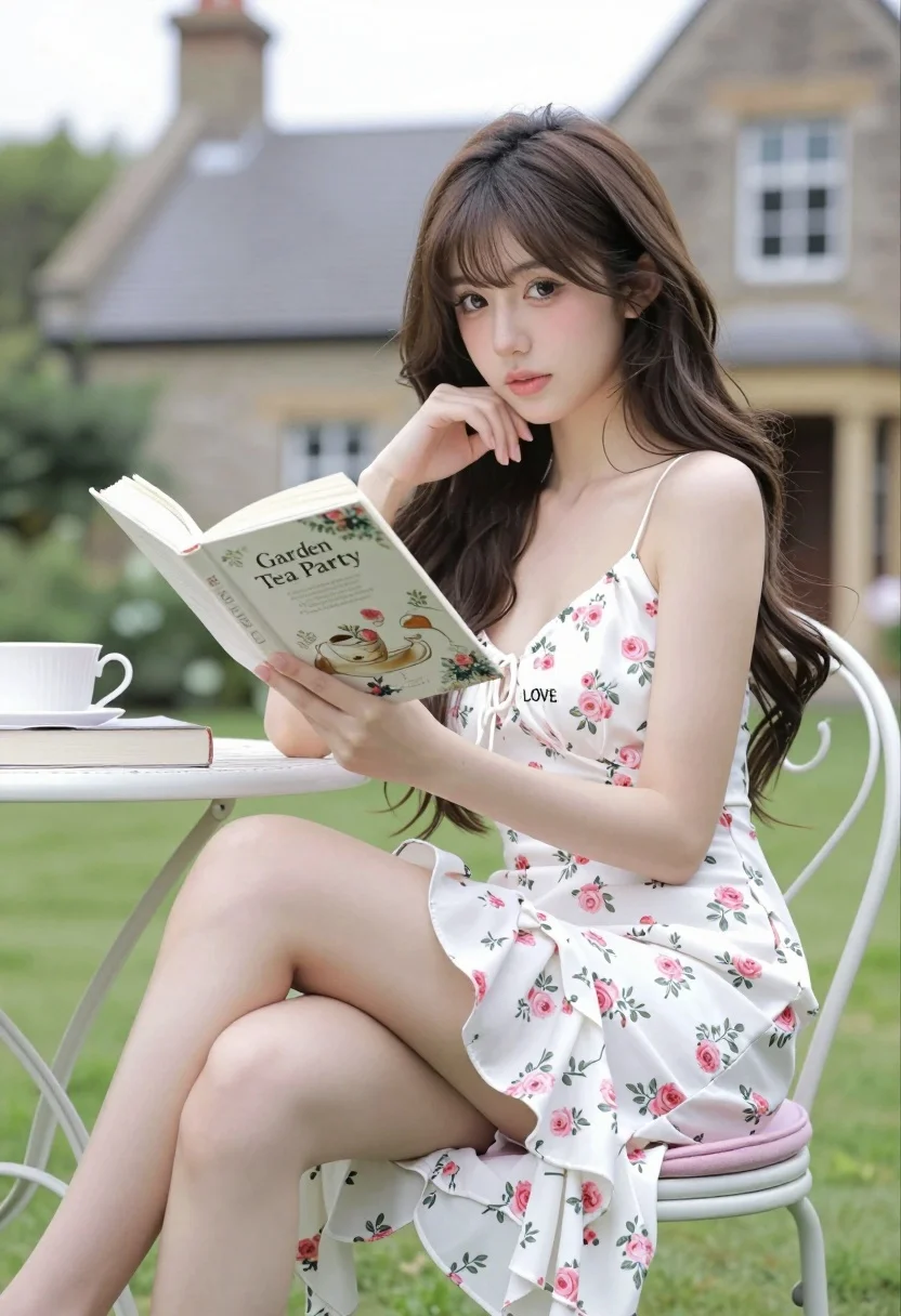 Young woman reading book in garden chair near stone house - AI generated image prompt sample