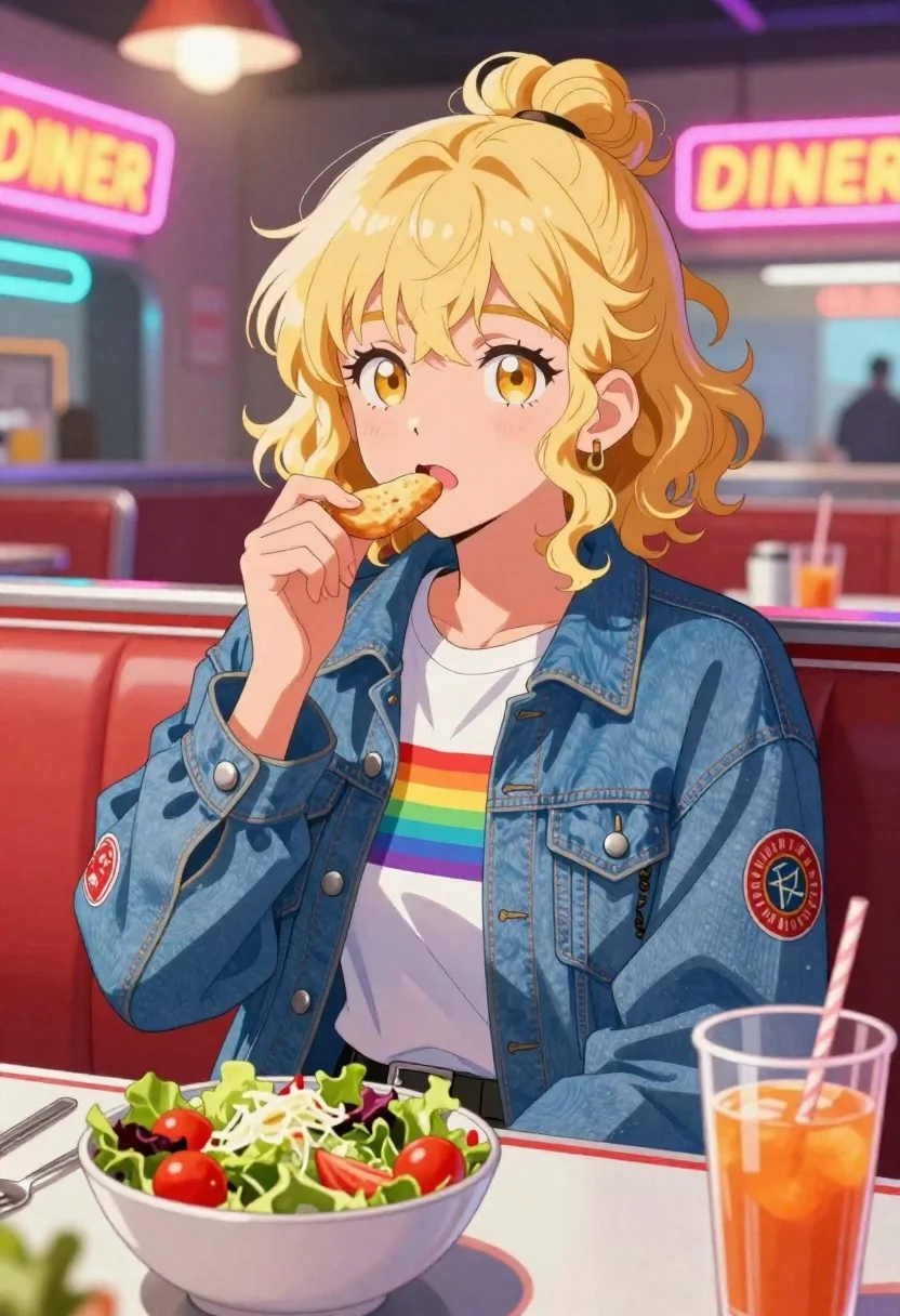 Anime girl in retro diner booth with neon signs