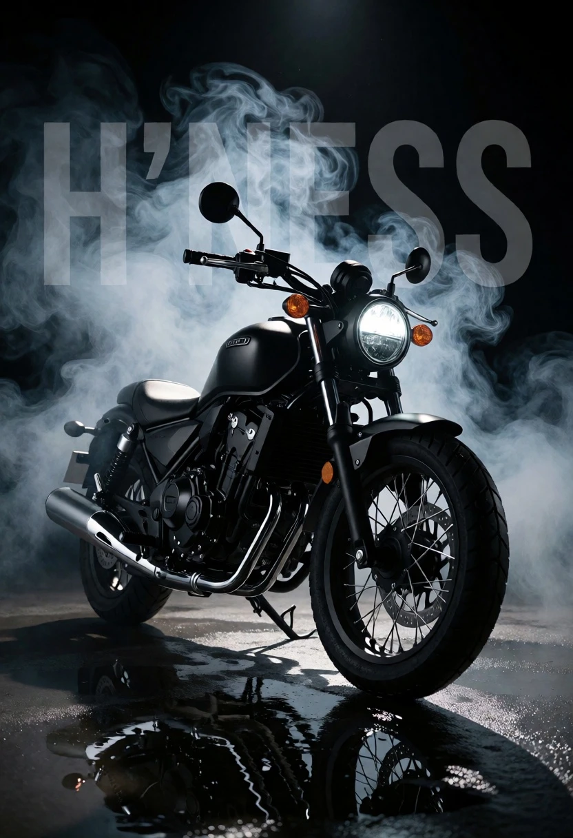 Matte black cruiser motorcycle in dramatic lowkey studio setting with fog - AI generated image prompt sample