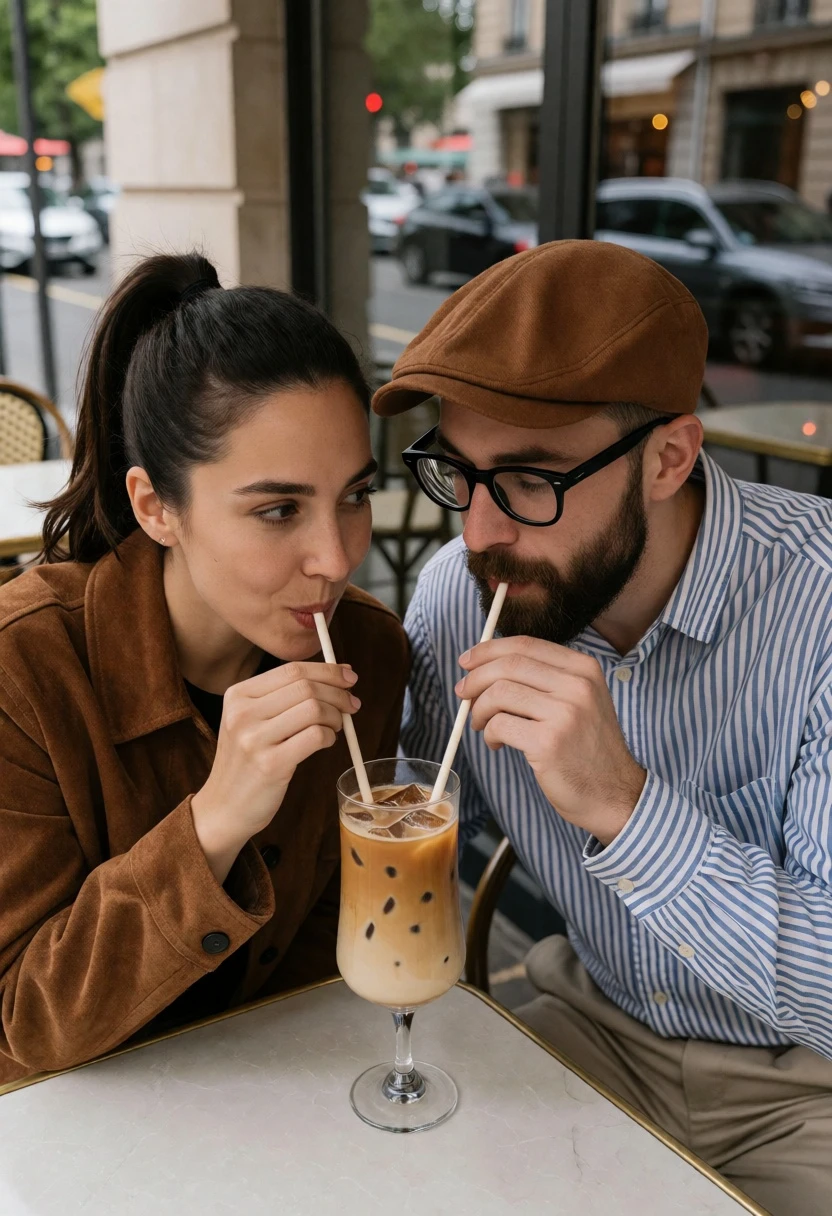 Couple sharing iced coffee at outdoor cafe table with city reflections - AI generated image prompt sample