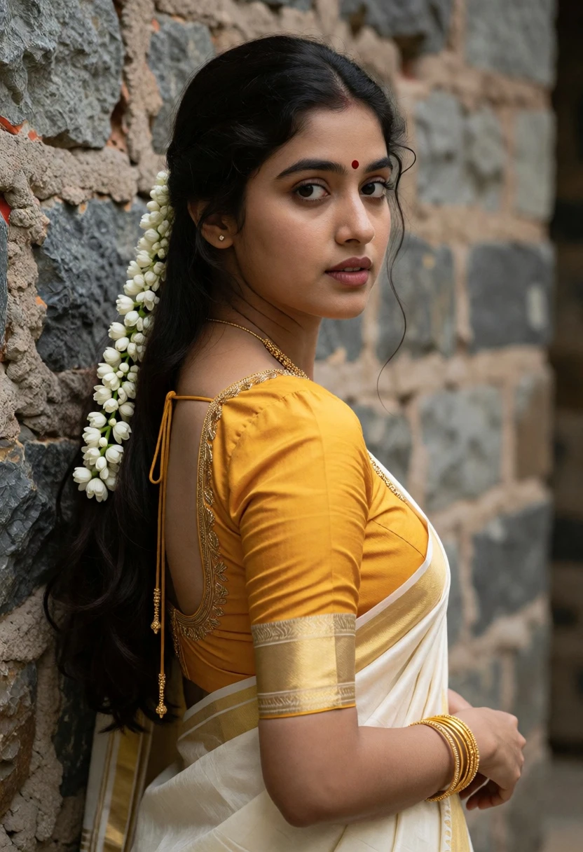 Young woman in traditional saree looking back over shoulder against stone wall - AI generated image prompt sample