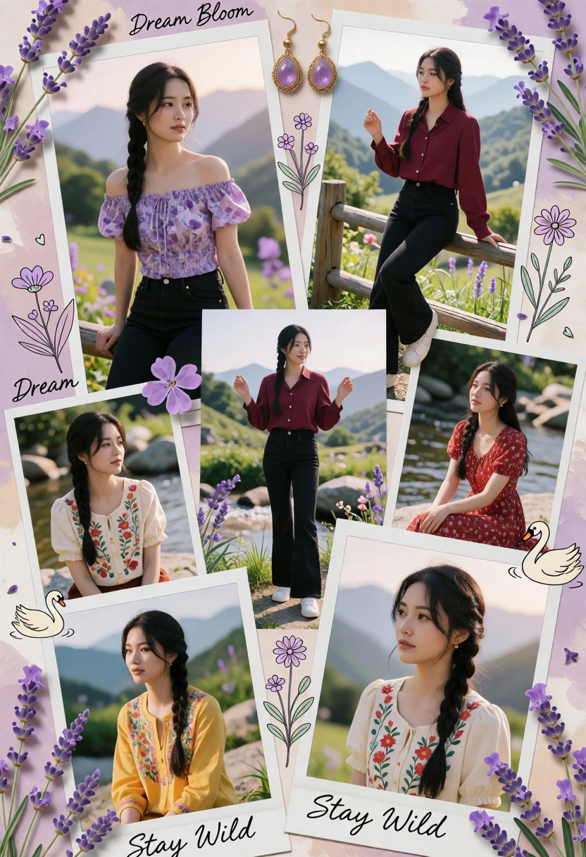 Collage montage of young woman in various outfits against lavender mountain backdrop - AI generated image prompt sample
