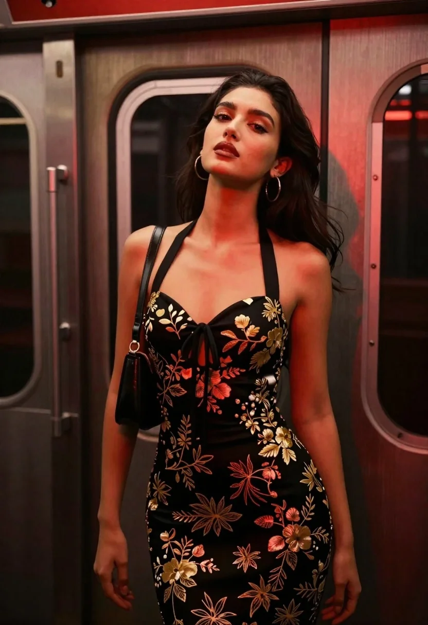 Confident woman in black dress inside subway car with red light - AI generated image prompt sample