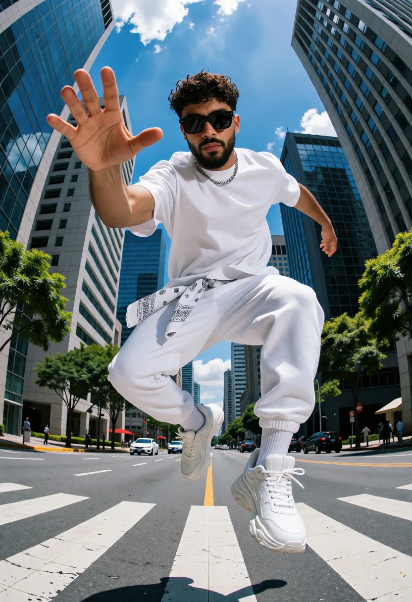 Young man jumping midair on city street with white outfit - AI generated image prompt sample