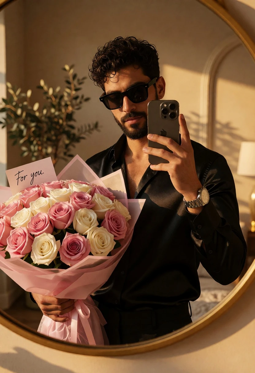 Handsome man taking mirror selfie with pink roses in warm interior - AI generated image prompt sample