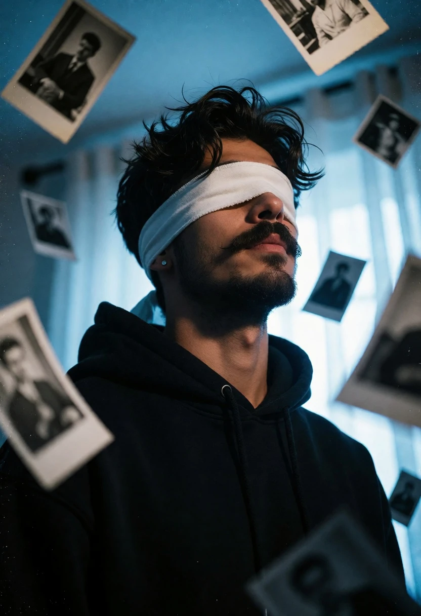 Young man blindfolded surrounded by floating black and white photographs indoors - AI generated image prompt sample