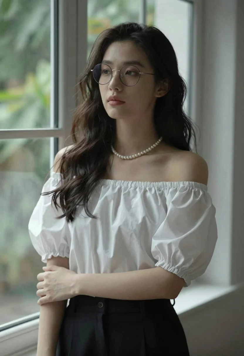 Portrait of young woman in white blouse standing near window - AI generated image prompt sample