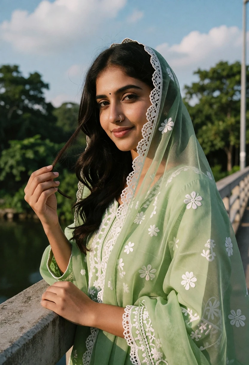 Young woman in green traditional outfit on bridge with floral embroidery - AI generated image prompt sample