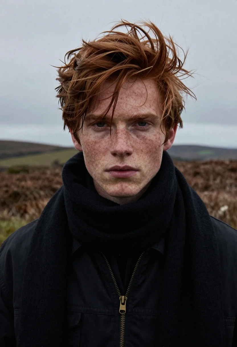 Young man with freckles in moorland under overcast sky