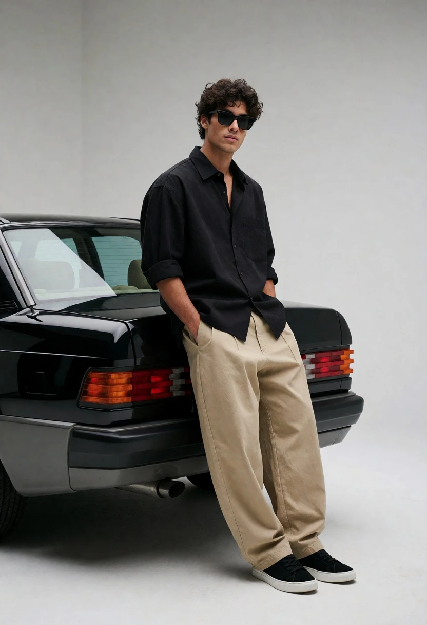Stylish young man leaning against classic black mercedes benz 190e in studio - AI generated image prompt sample