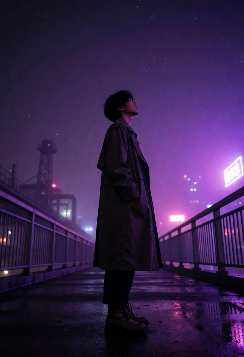 Solitary figure in long coat on wet walkway under purple neon sky - AI generated image prompt sample