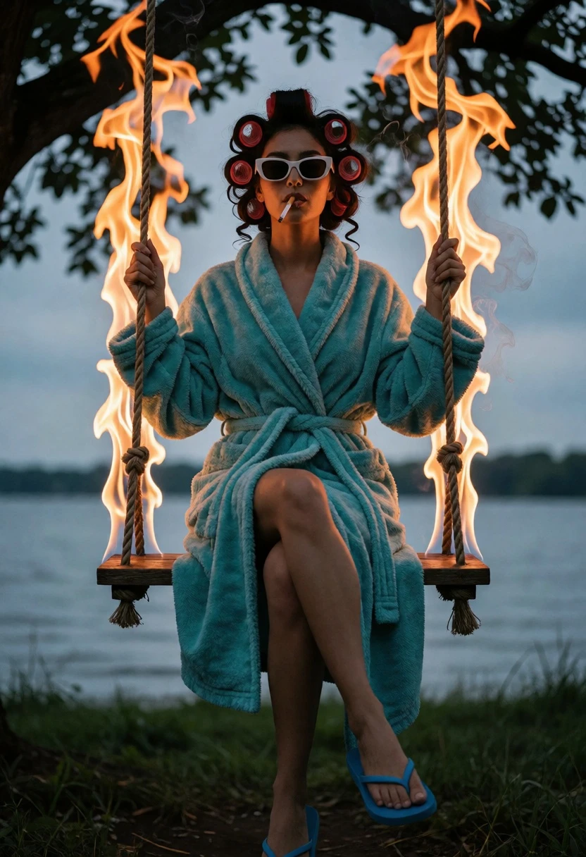 Woman in teal bathrobe on swing amidst bright orange flames by water - AI generated image prompt sample