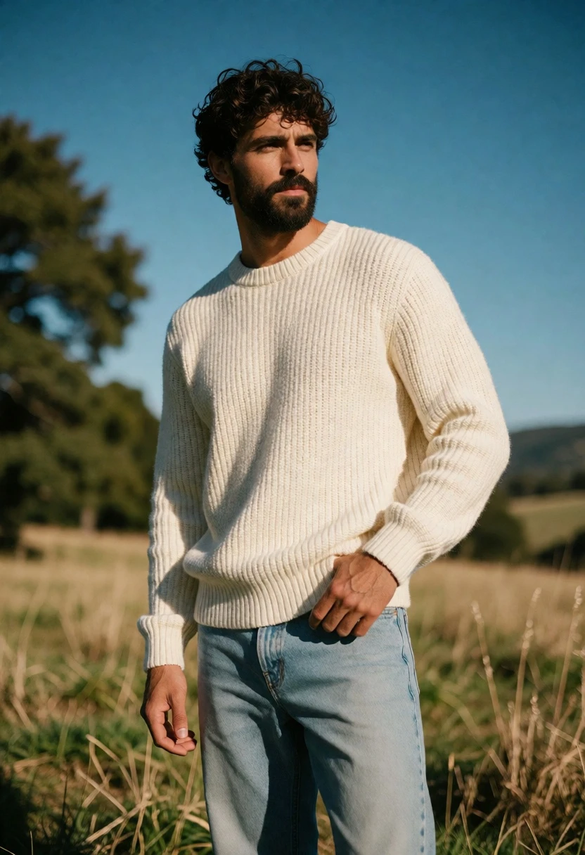 Man in cream knit sweater standing in sunlit grassy field with rolling - AI generated image prompt sample