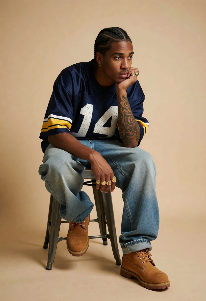 Young man with cornrow braids sitting on stool against solid beige backdrop - AI generated image prompt sample