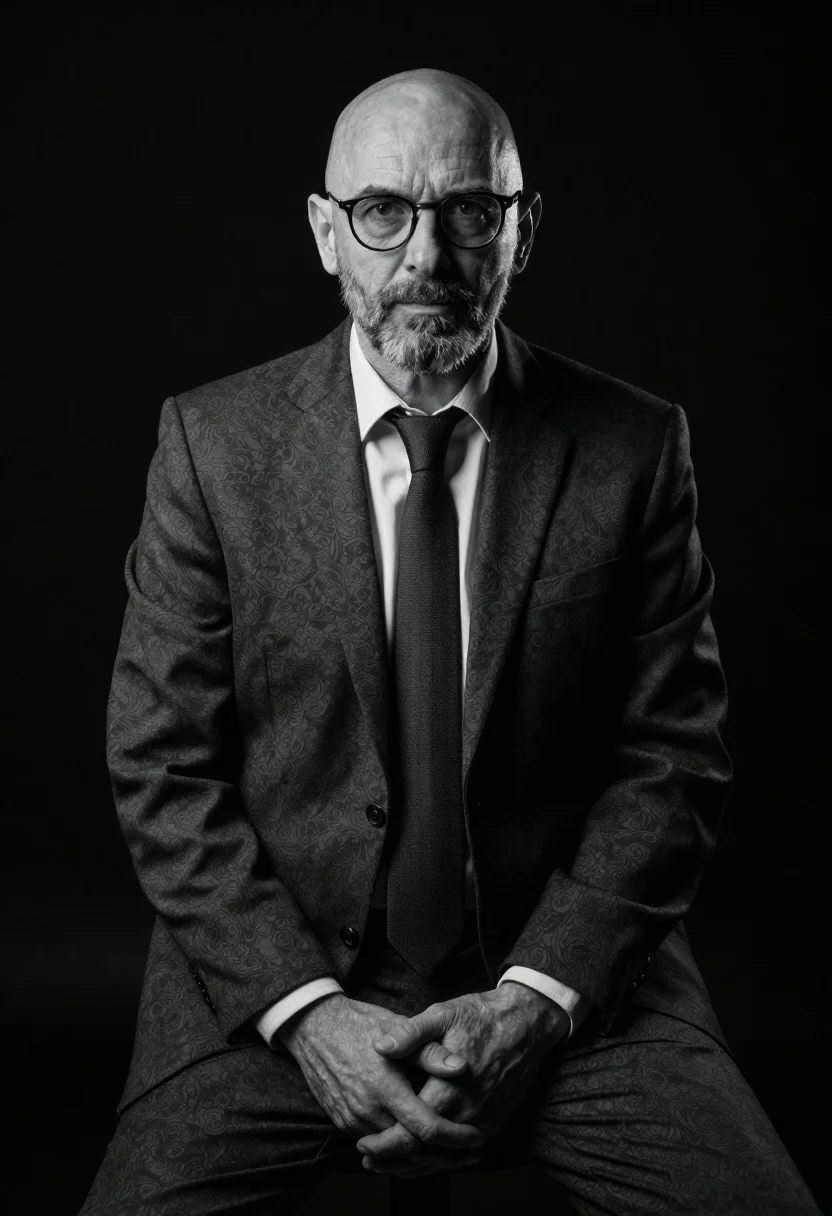 Black and white portrait of mature bald man in suit - AI generated image prompt sample