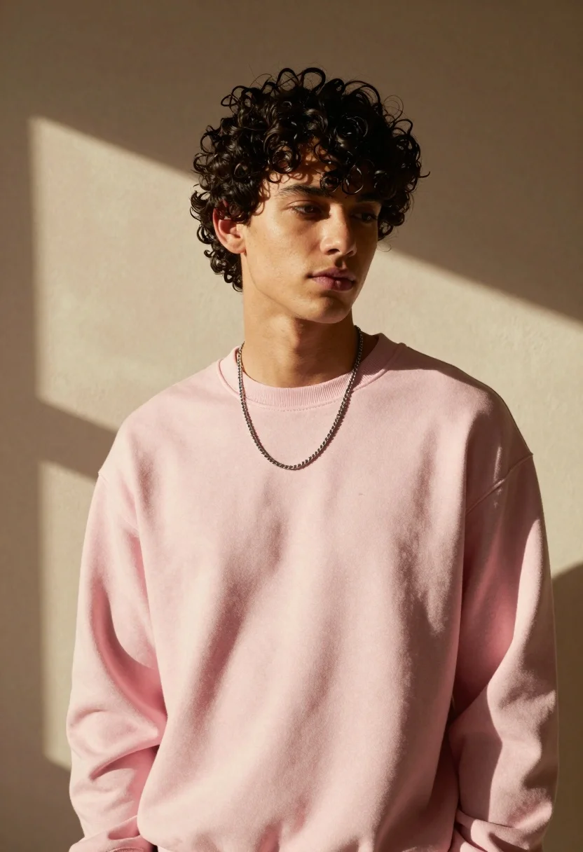 Medium close up portrait of young man in pink sweatshirt against beige - AI generated image prompt sample