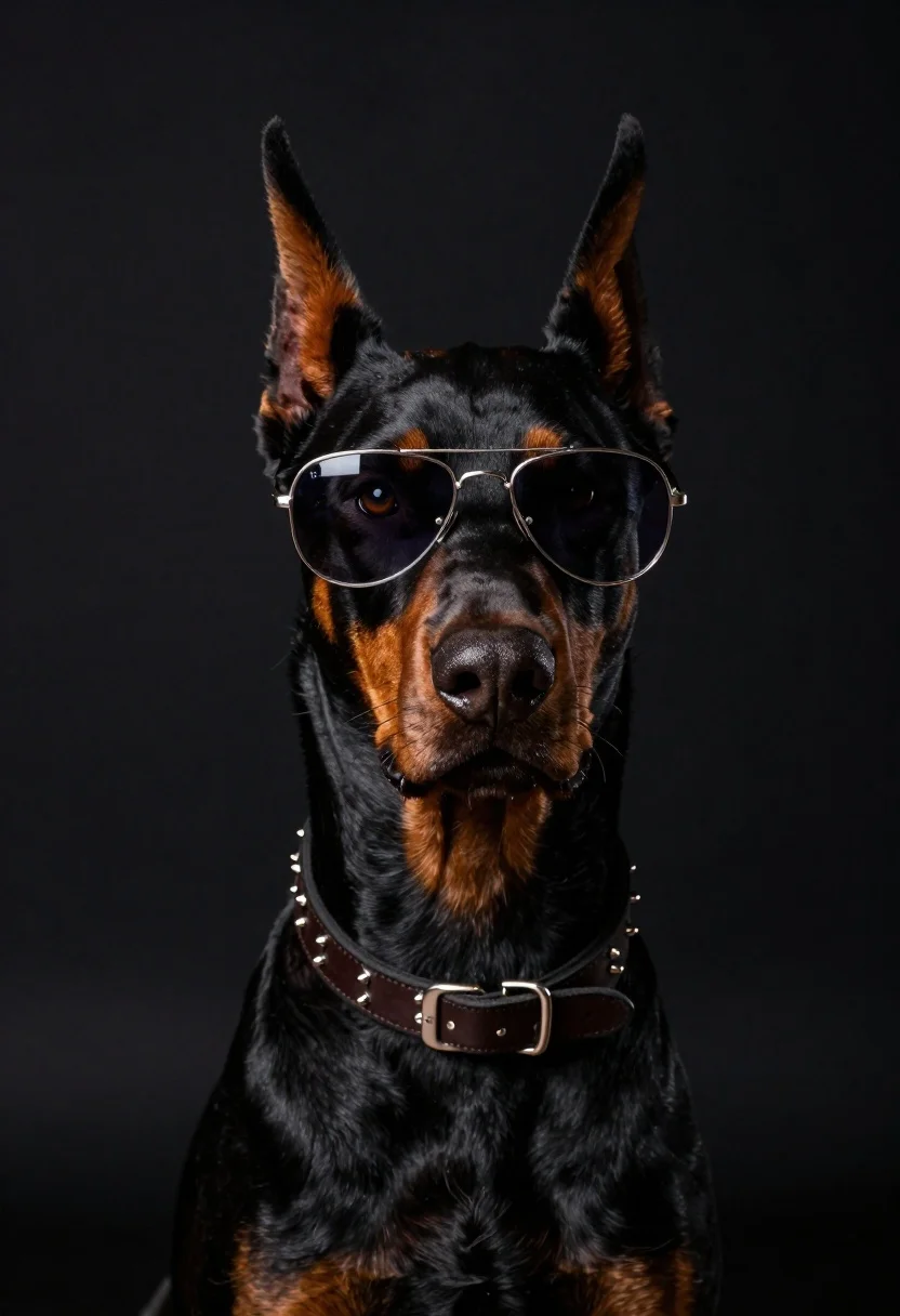 Doberman pinscher wearing sunglasses in a black studio