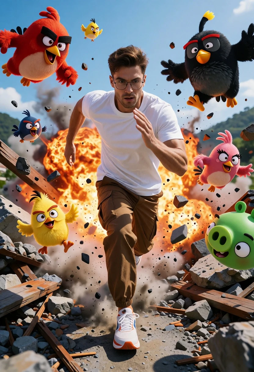 Man running through explosive debris field with angry birds characters - AI generated image prompt sample