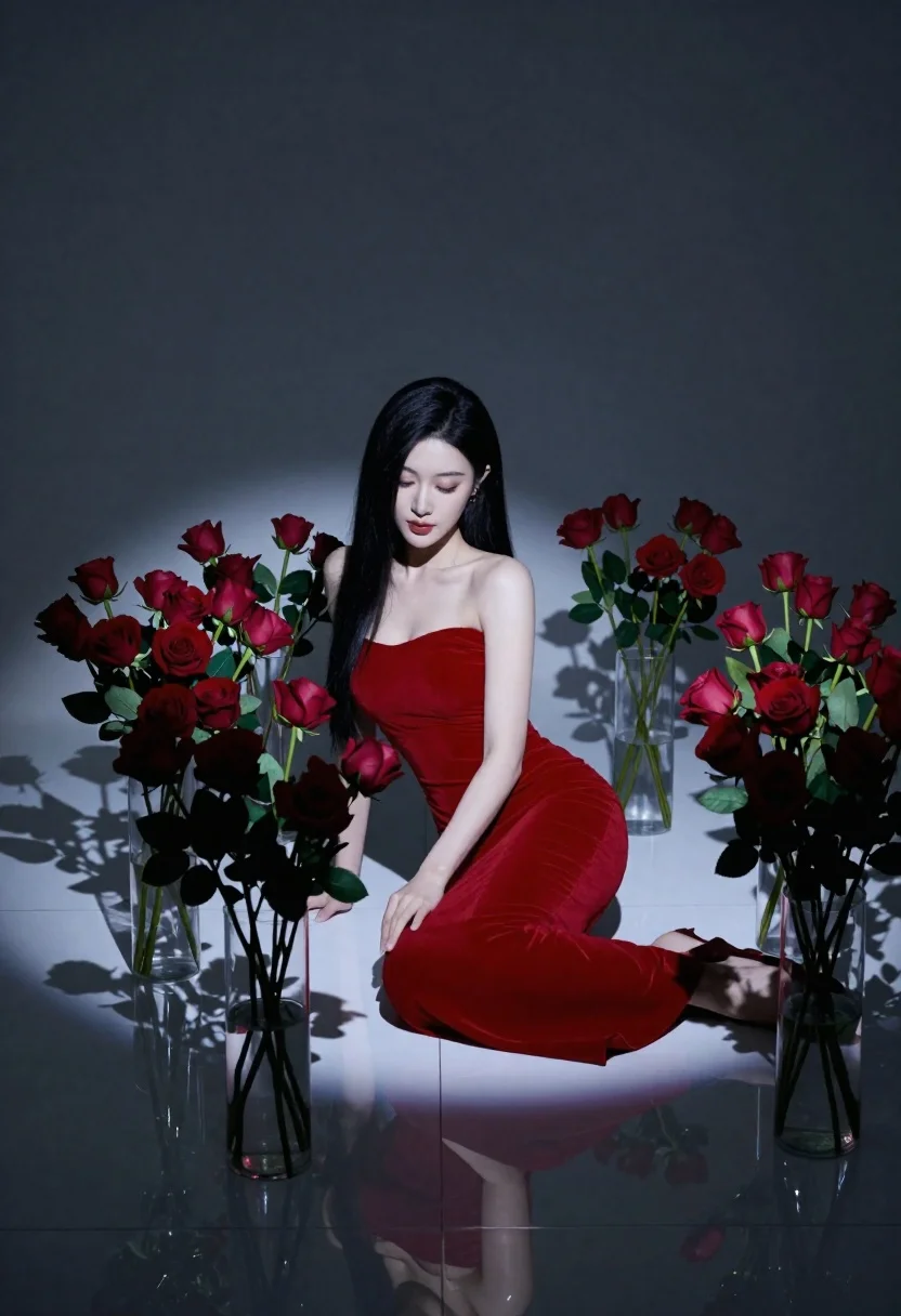 Woman in red strapless gown sitting among tall vases of red roses - AI generated image prompt sample