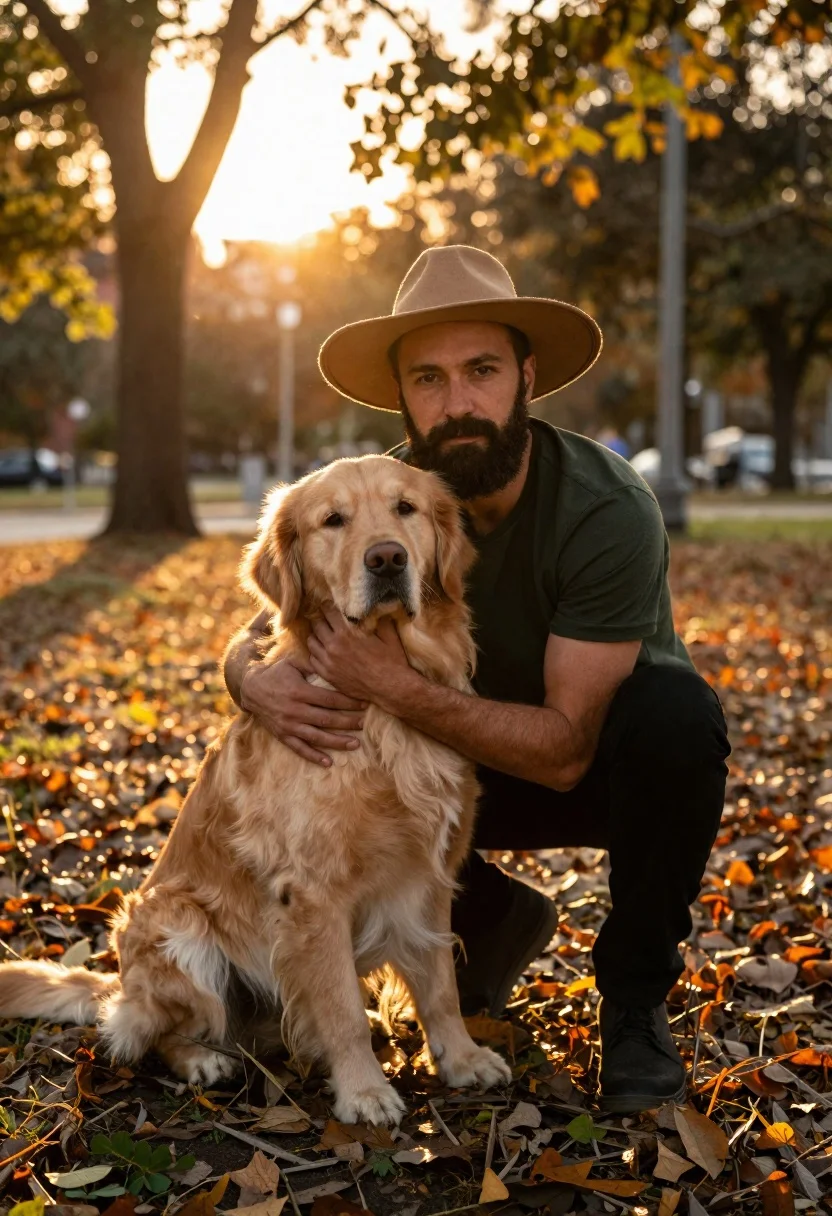 Man crouching with golden retriever in autumn park at sunset