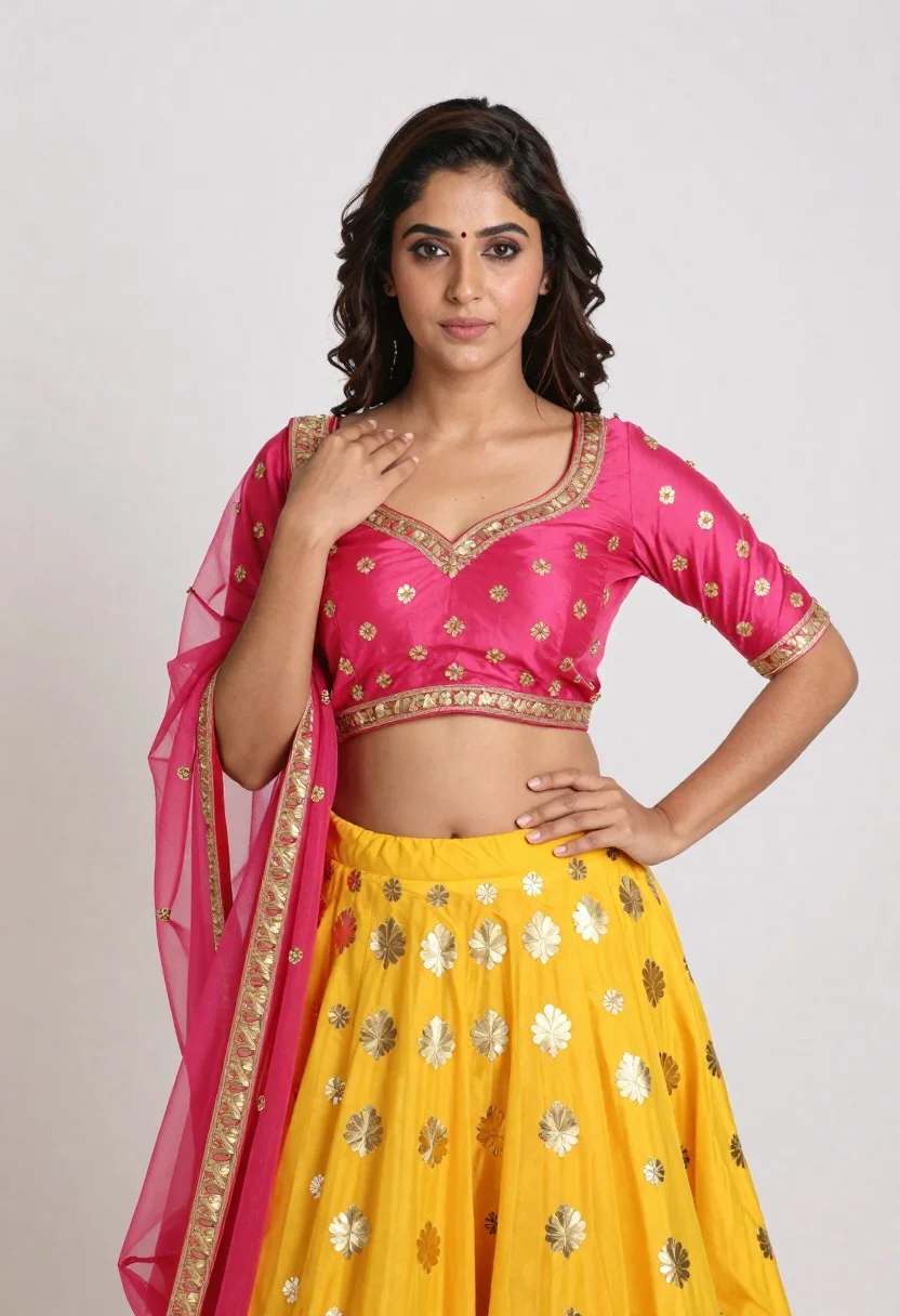 Young woman in yellow lehenga choli posing against white studio backdrop