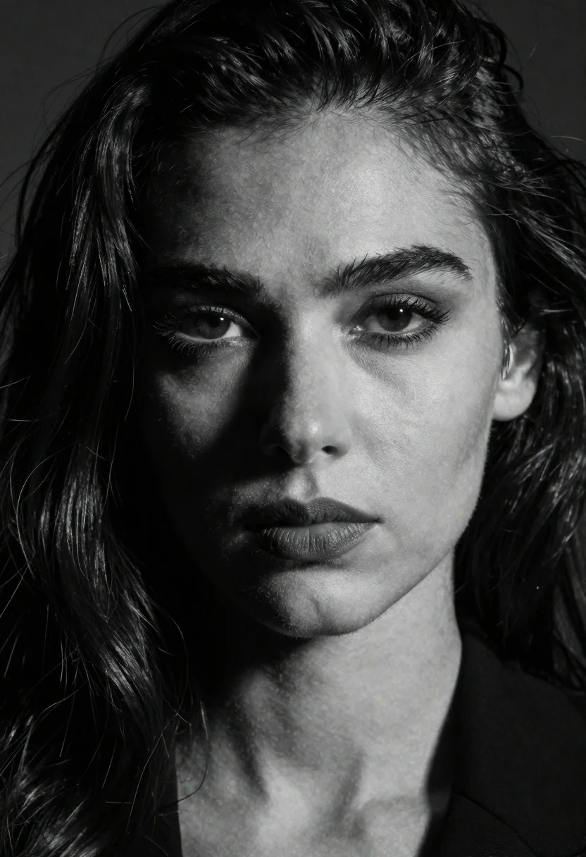 Black and white portrait of woman with dark wavy hair in a moody cinematic composition - AI generated image prompt sample