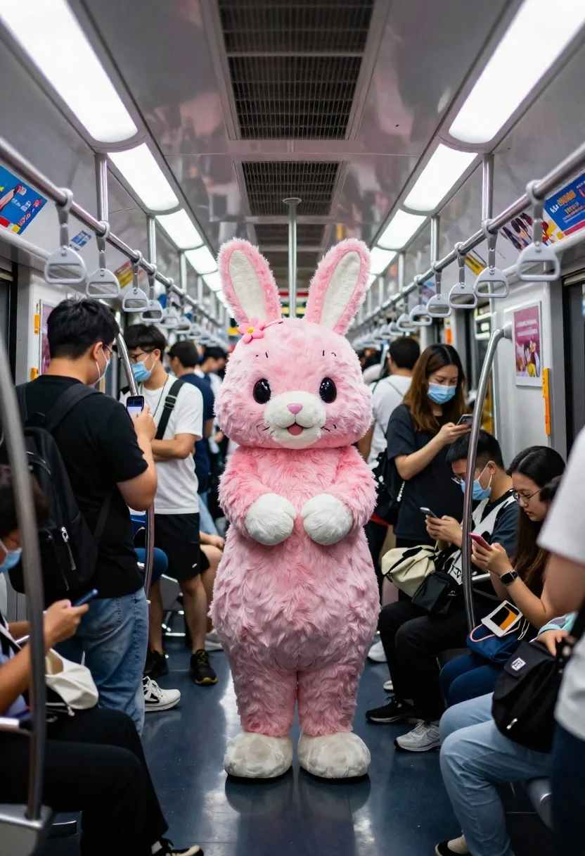 Pink rabbit mascot in crowded subway car interior