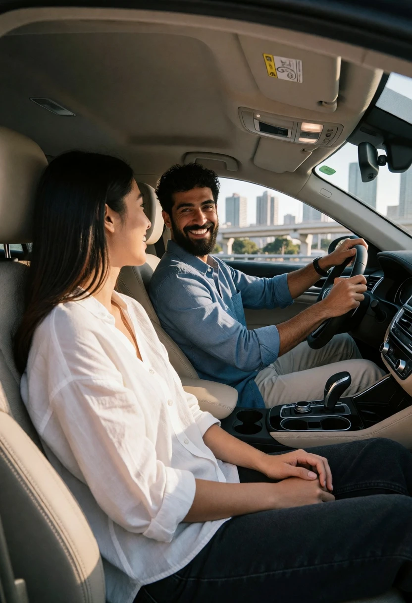 Couple smiling in car seats driving through modern city cityscape view - AI generated image prompt sample