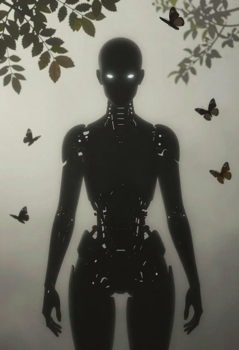 Dark silhouette humanoid figure in misty environment