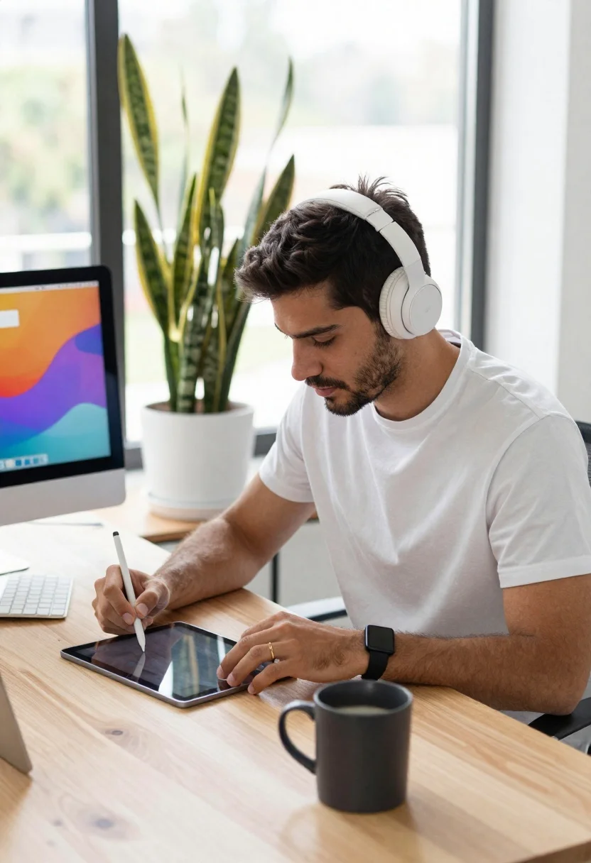 Man working at wooden desk with tablet and plants