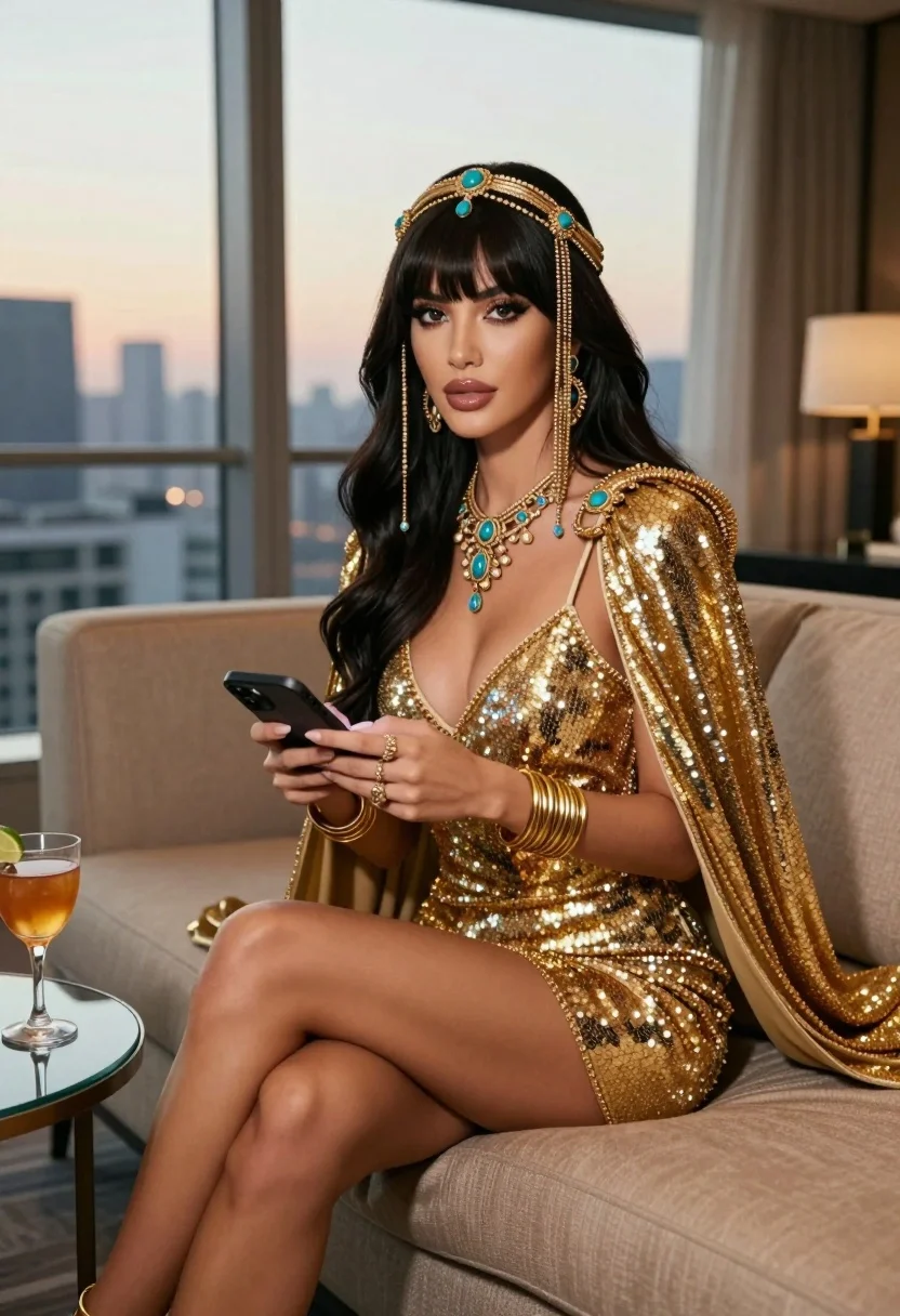 Glamorous woman in gold dress on sofa overlooking city at twilight - AI generated image prompt sample