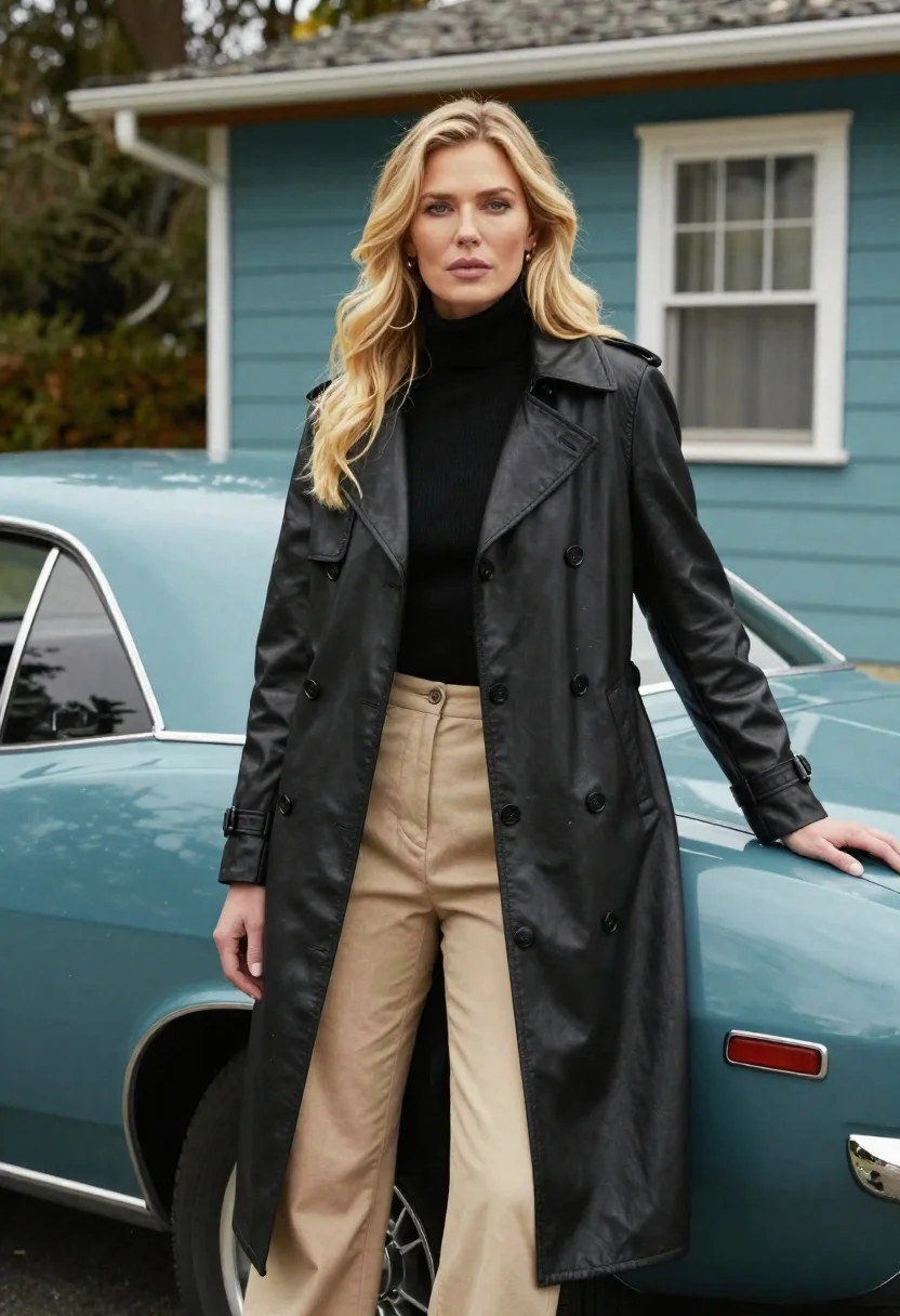 Blonde woman in black trench coat leaning on vintage teal muscle car - AI generated image prompt sample
