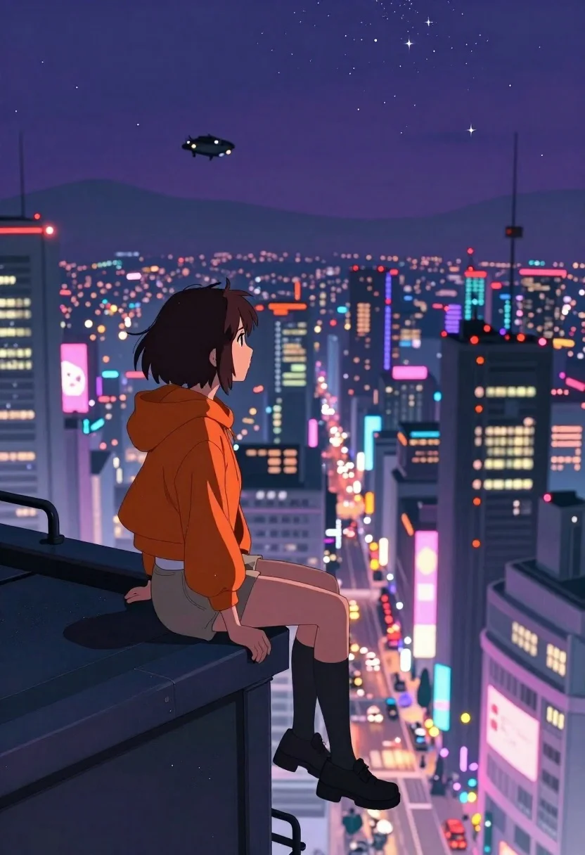 Girl on skyscraper ledge overlooking neon city at night