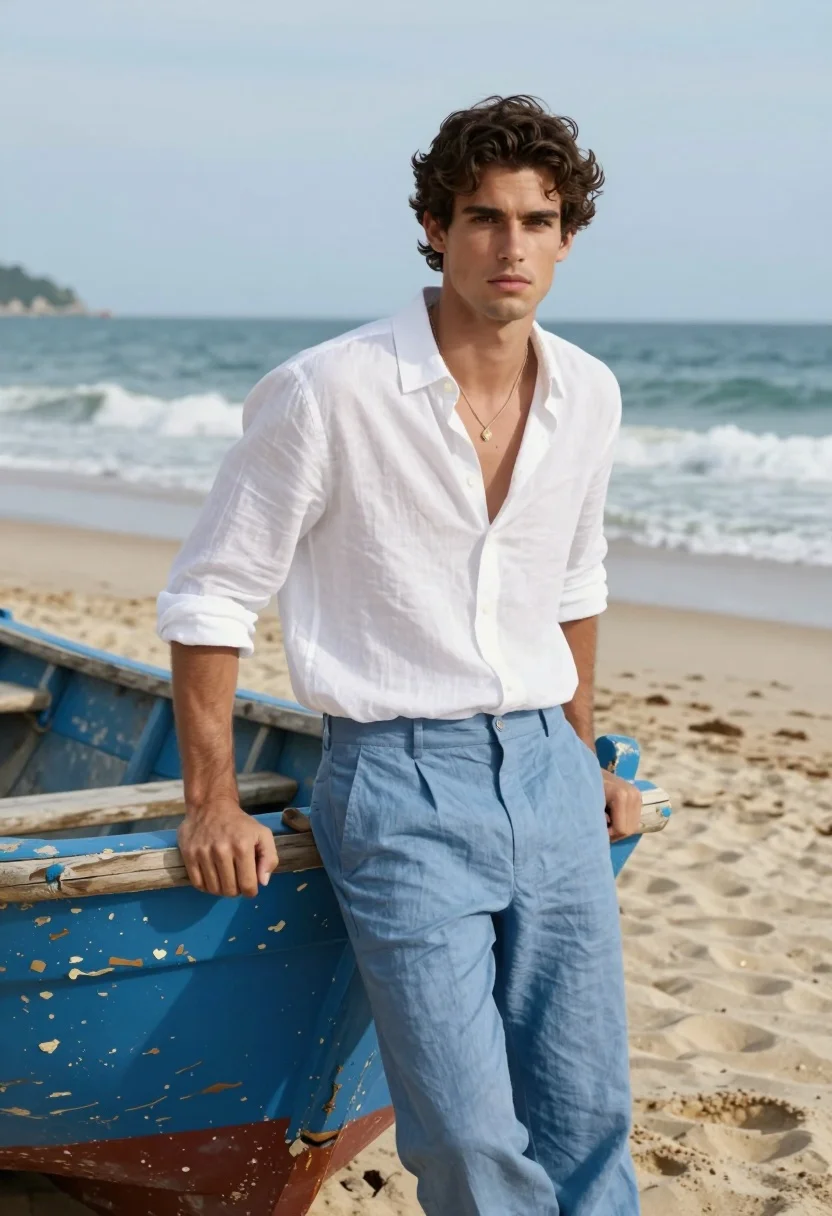 Handsome young man in linen shirt leaning on boat at sandy beach - AI generated image prompt sample