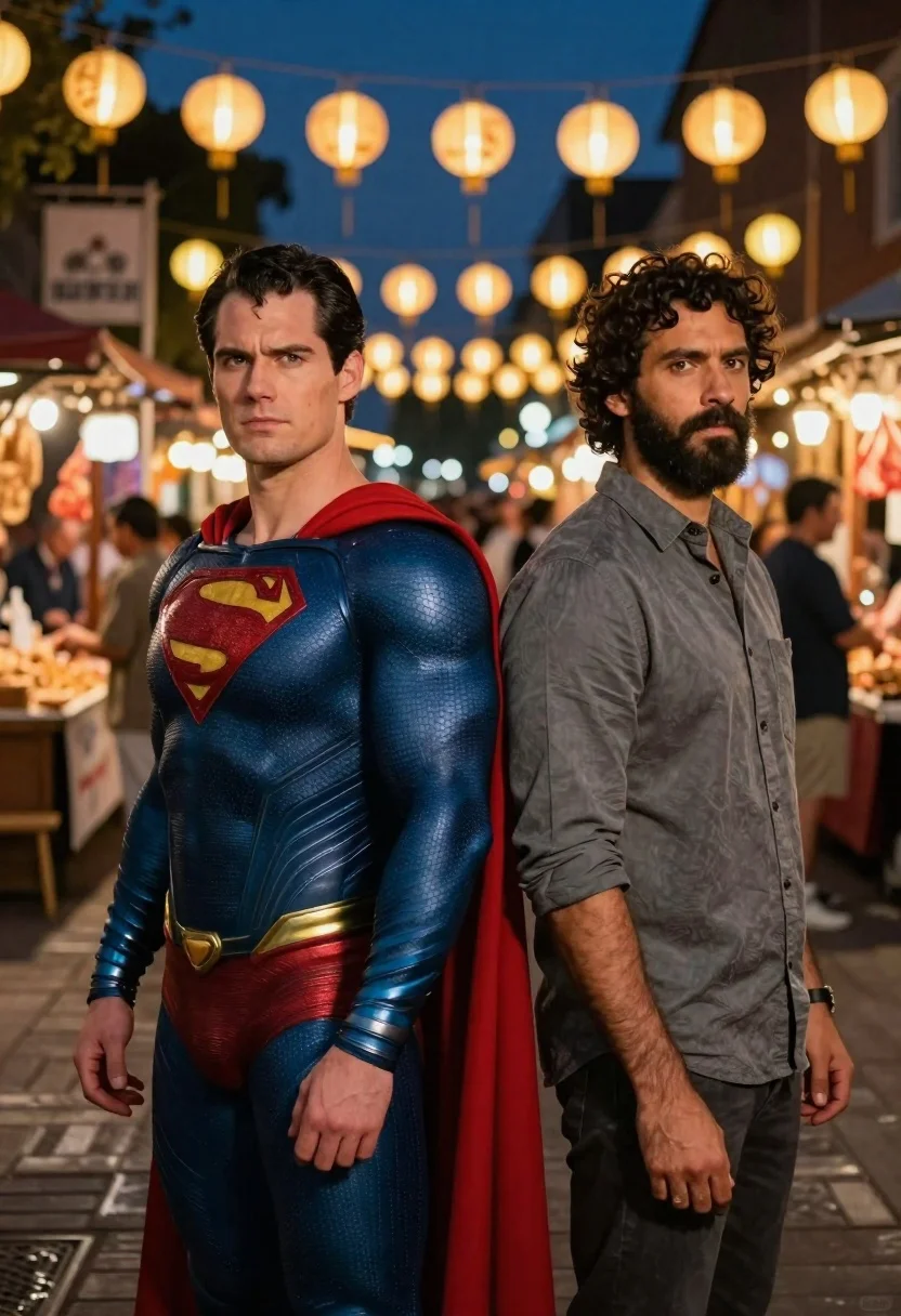 Two men standing back to back in a bustling night market street - AI generated image prompt sample