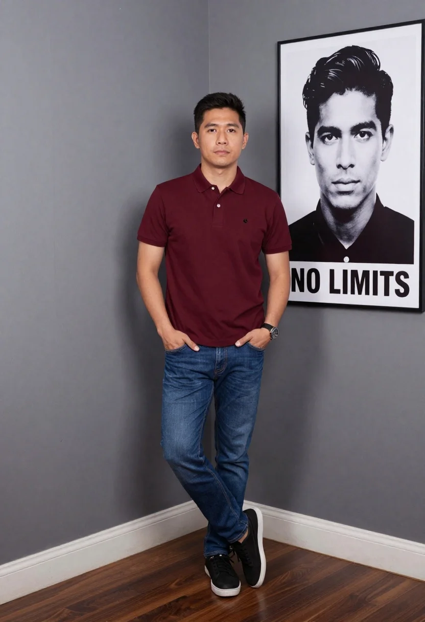 Asian man in maroon polo shirt corner studio portrait