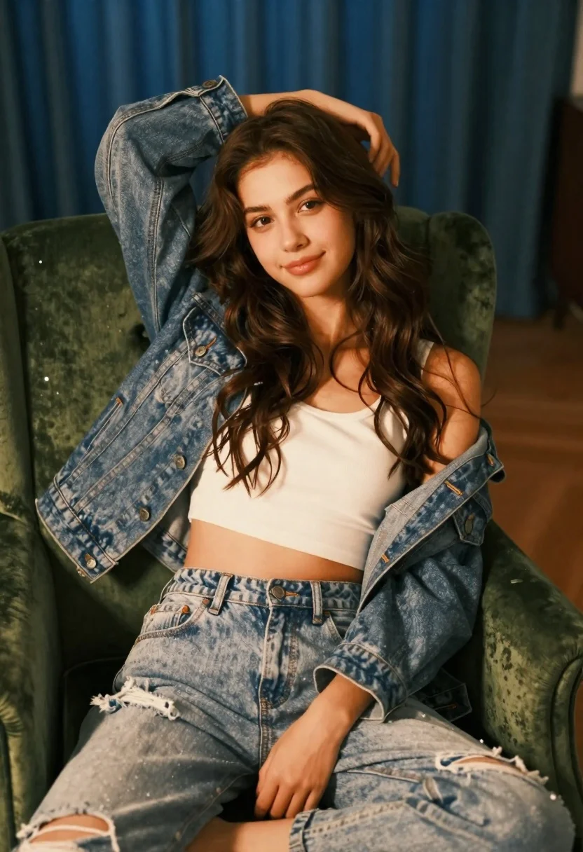Young woman with brown hair sitting on green velvet chair indoors