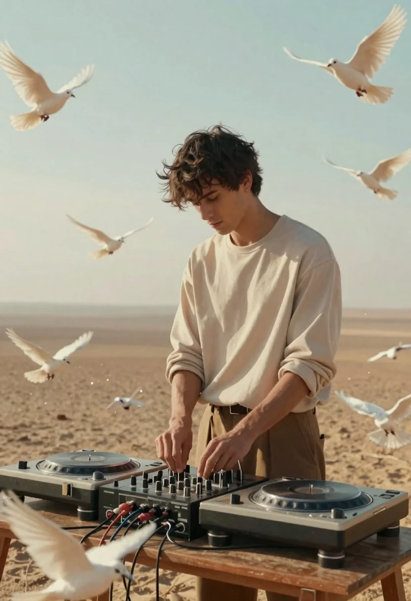 Young man mixing music in a desert under white doves