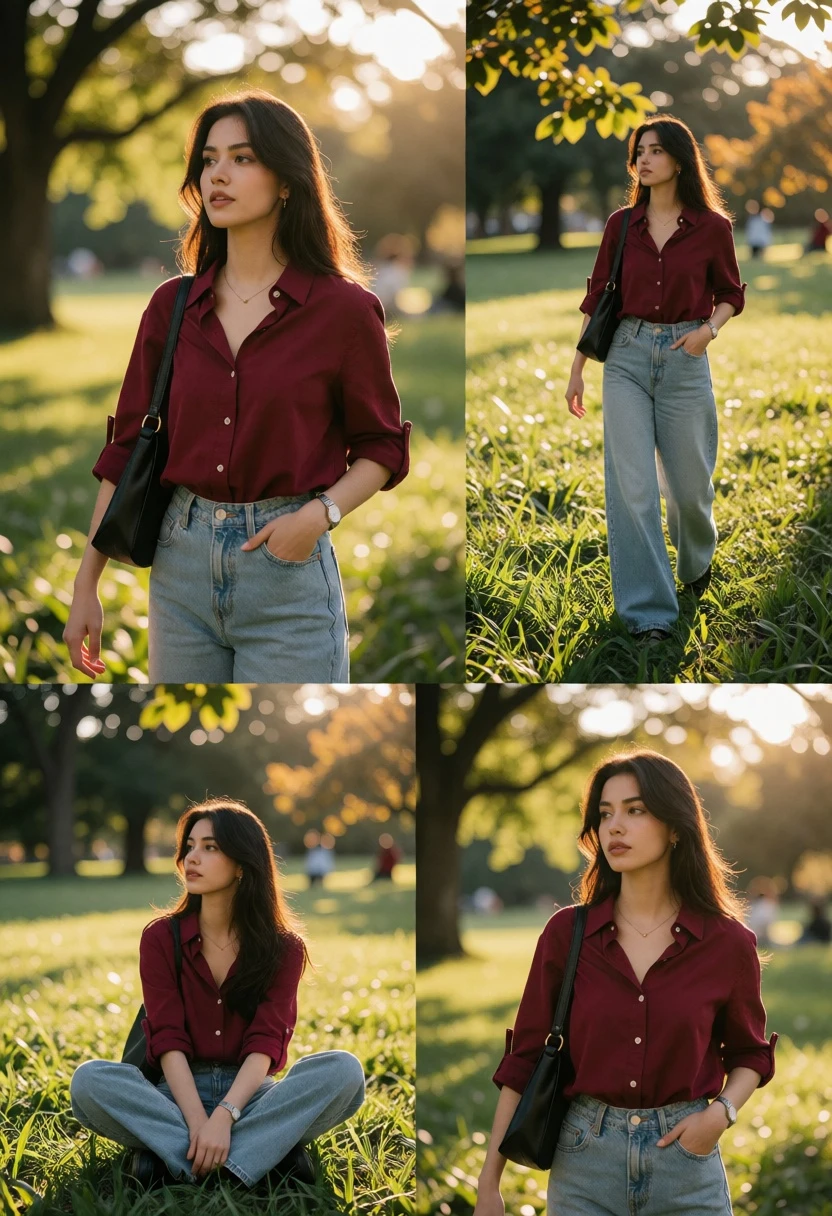 Young woman in maroon shirt and blue jeans walking through sunlit park - AI generated image prompt sample