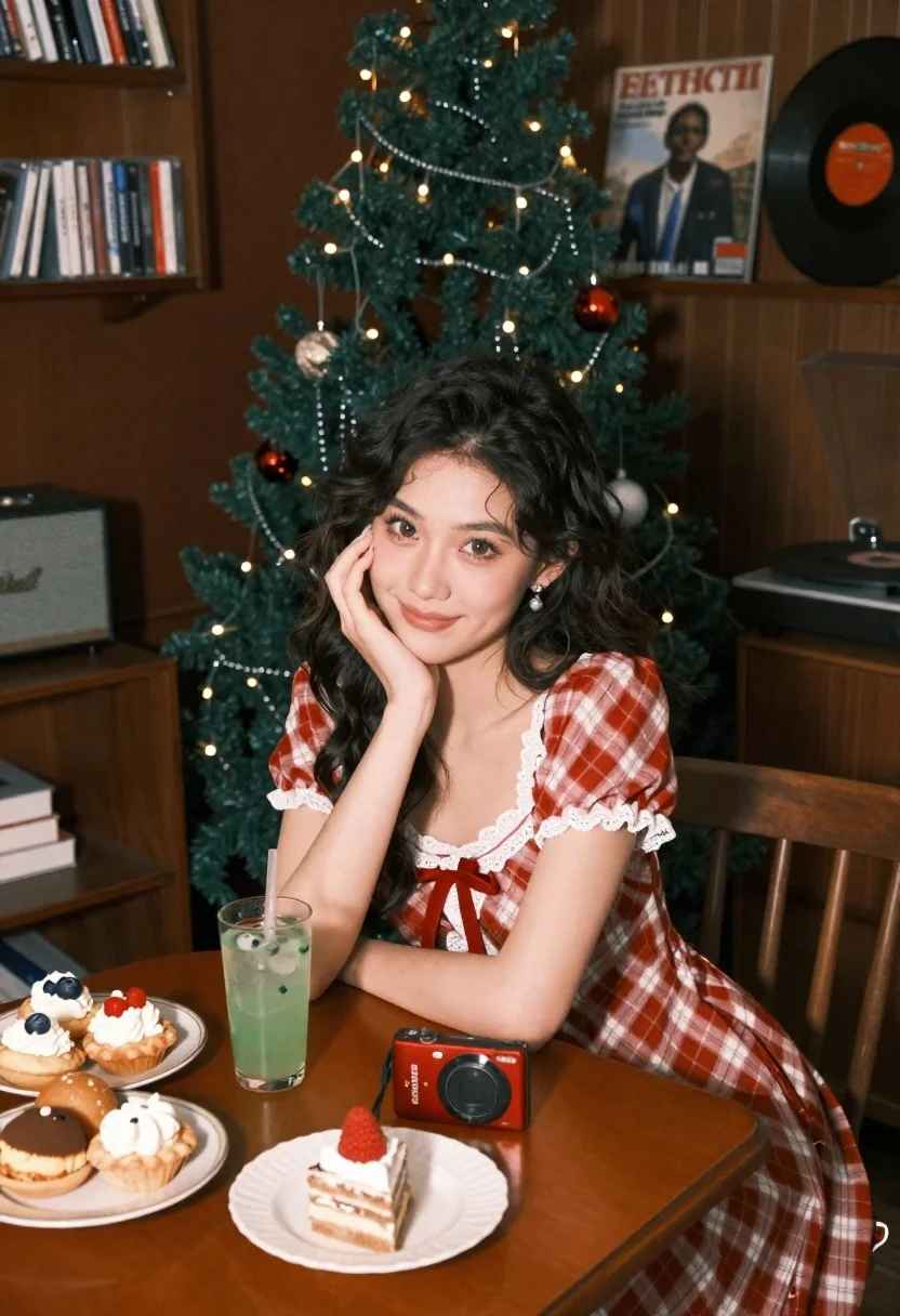 Young woman in plaid dress sitting at table near christmas tree - AI generated image prompt sample