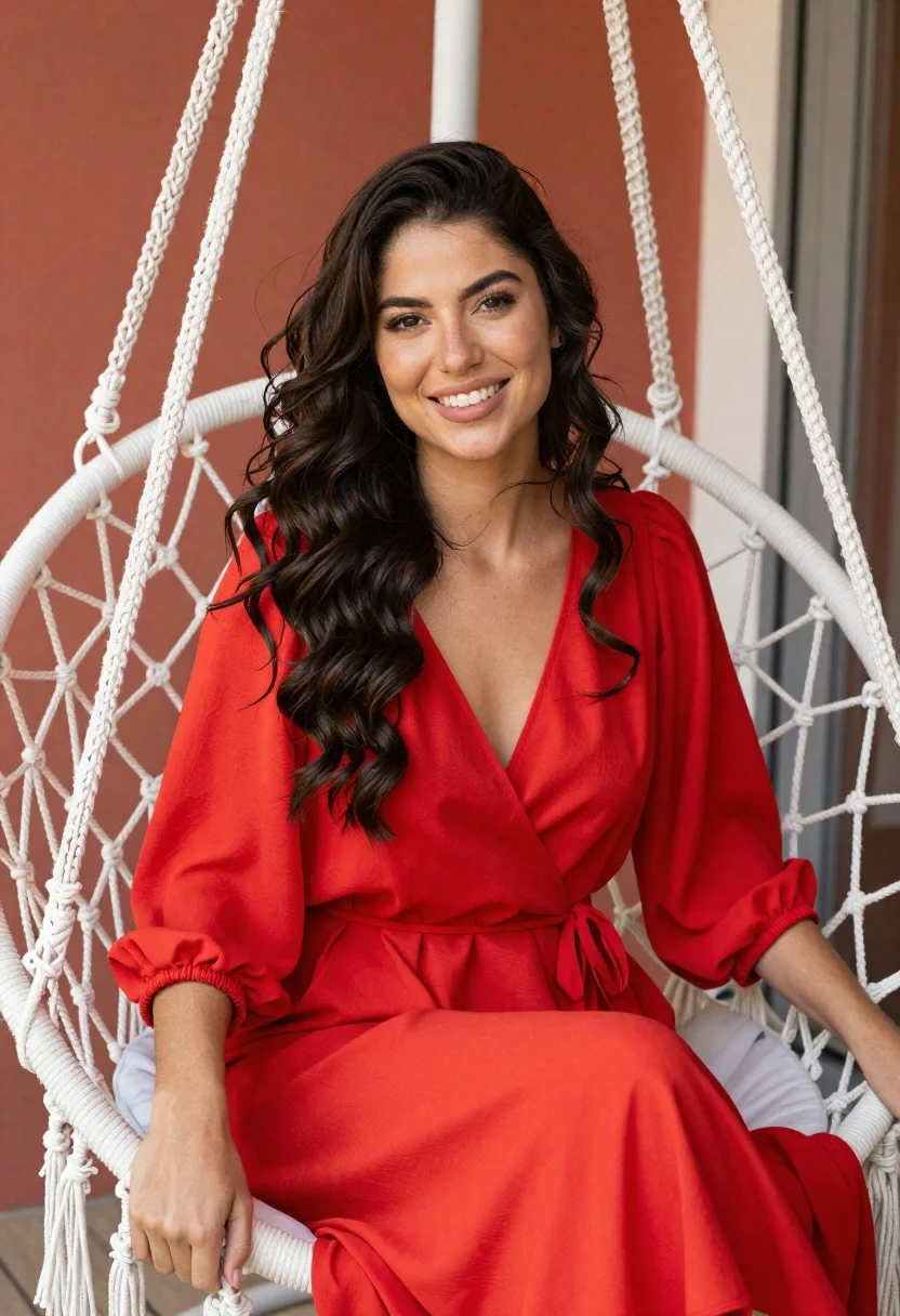 Smiling woman in red dress sitting in white macrame hanging chair