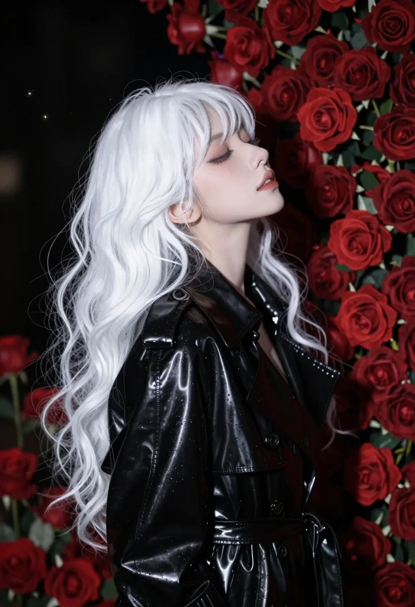 Anime portrait of woman in latex coat with red roses - AI generated image prompt sample