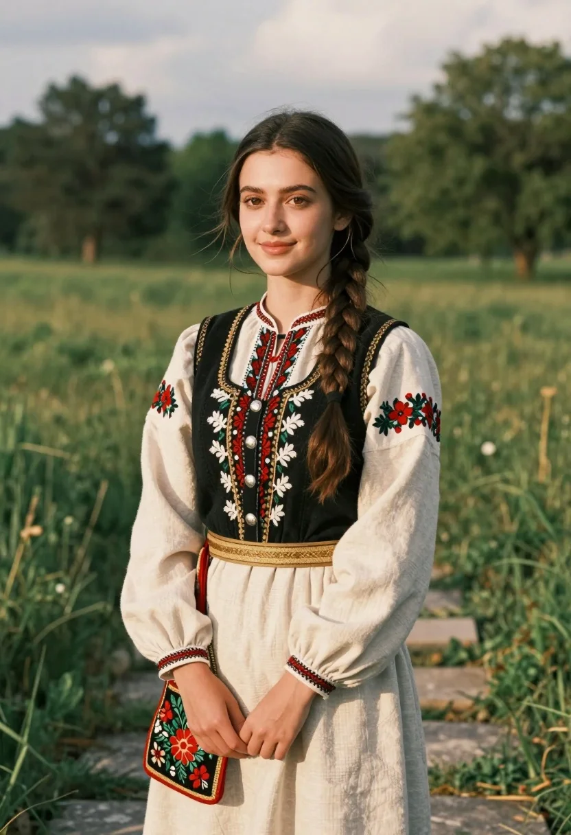 Young woman in traditional embroidered attire standing in a lush green meadow - AI generated image prompt sample