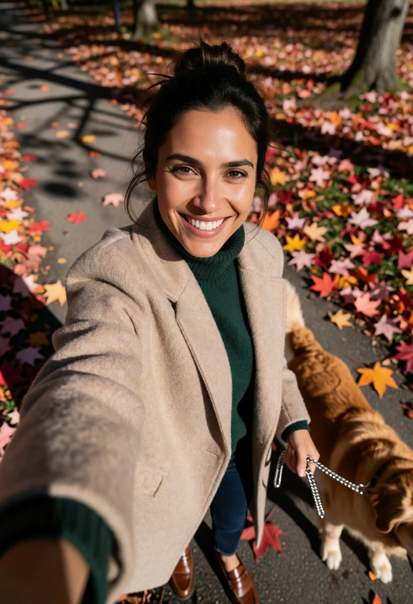 Woman taking high angle selfie with golden retriever on autumn leaf path - AI generated image prompt sample
