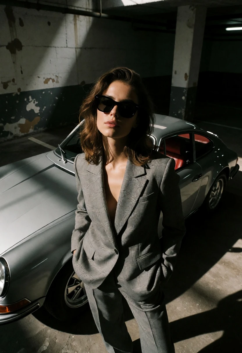Stylish woman in plaid suit near classic silver sports car underground - AI generated image prompt sample