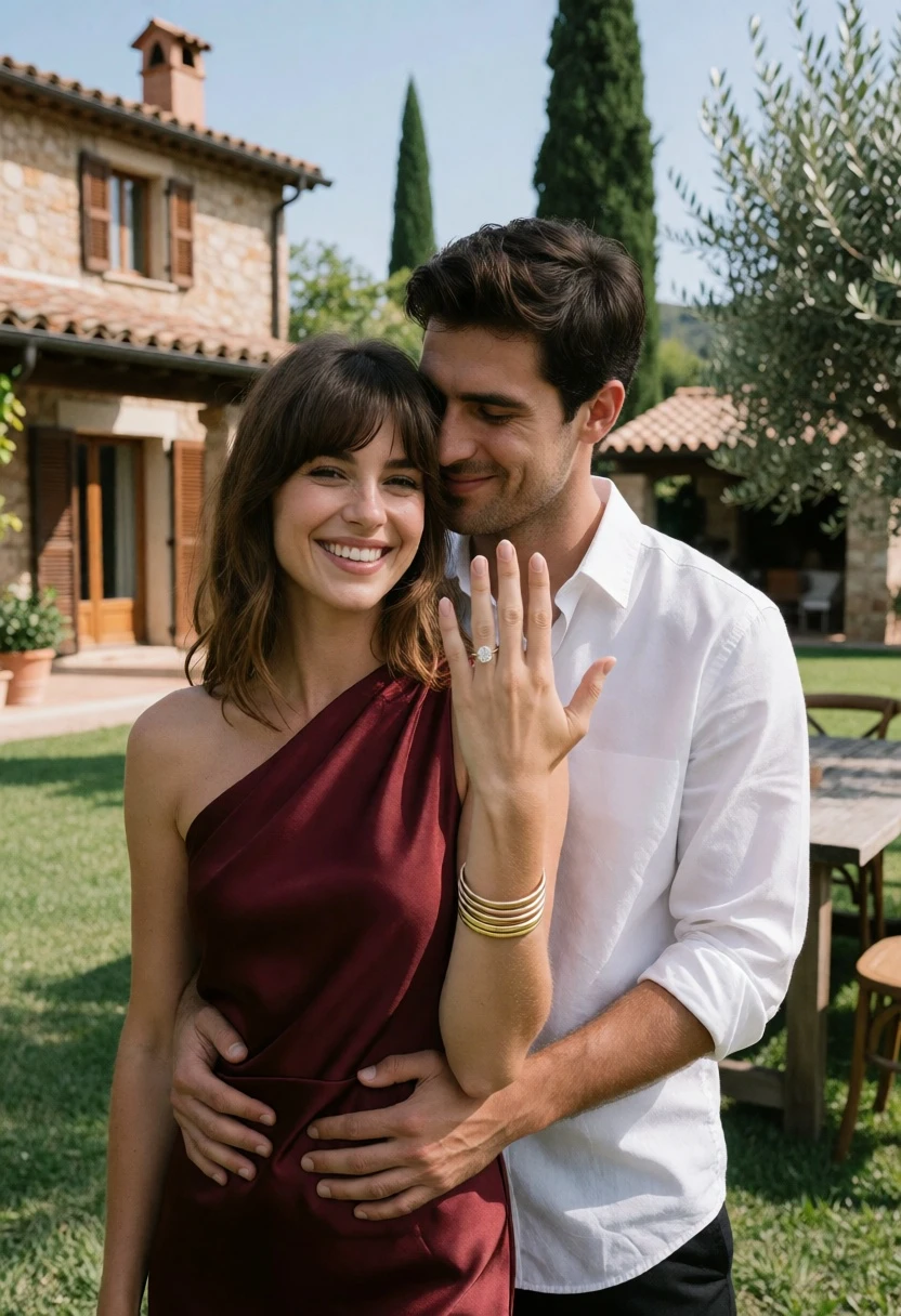 Couple embracing in sunlit garden by rustic villa with cypress trees - AI generated image prompt sample