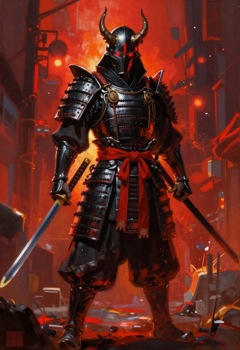 Futuristic samurai warrior in black armor on an urban street