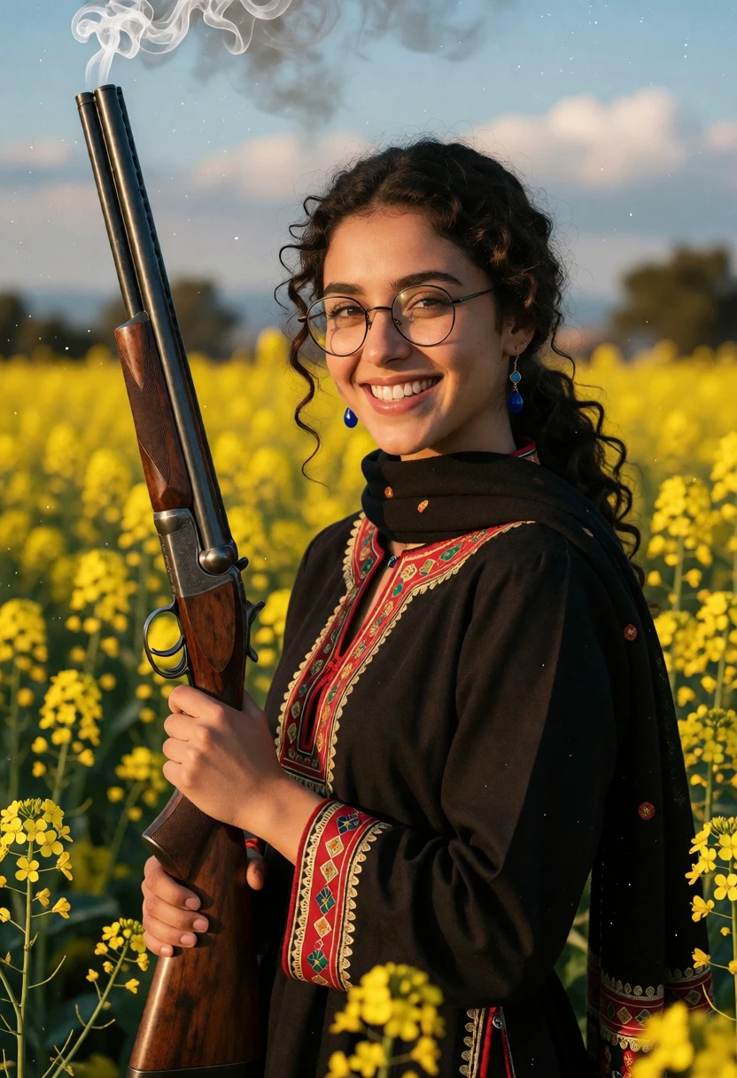 Young woman in black tunic holding shotgun amidst yellow flowers at golden - AI generated image prompt sample
